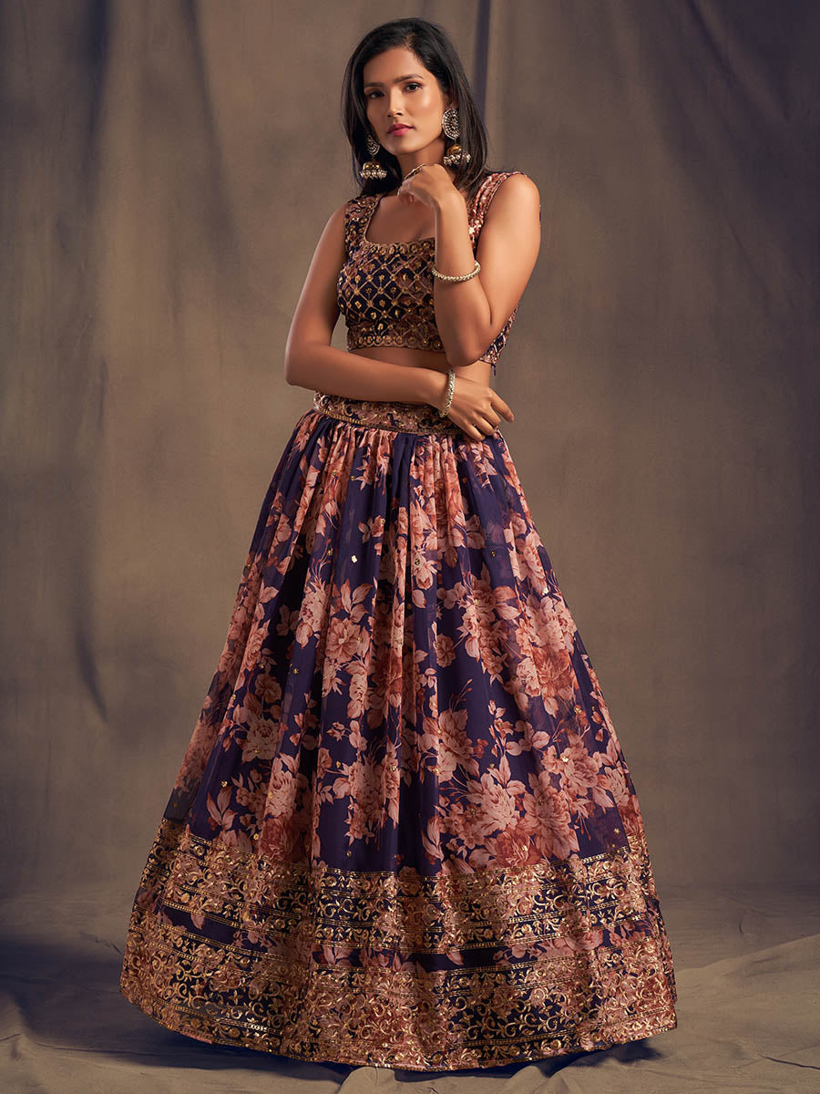 Myra Purple Organza Silk Embroidered Lehenga | Grocsy
