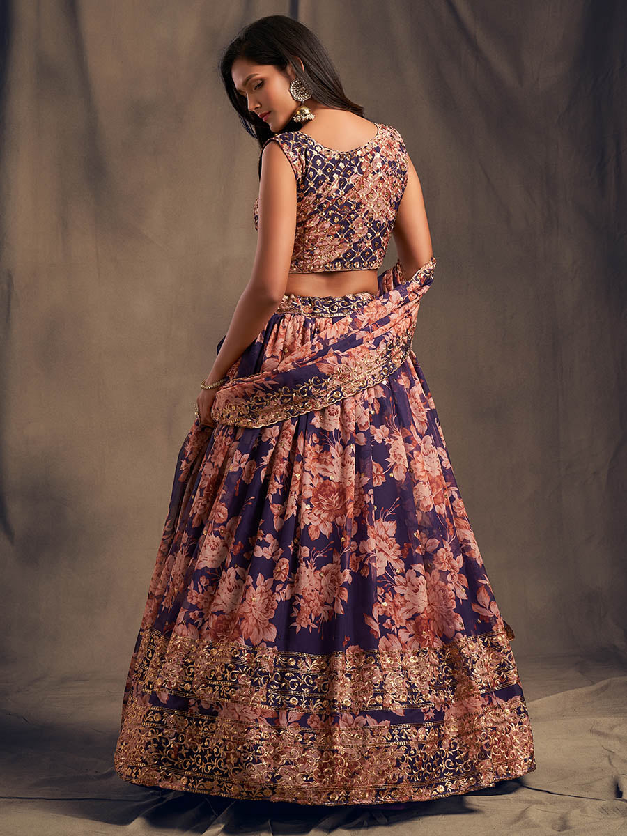 Myra Purple Organza Silk Embroidered Lehenga | Grocsy