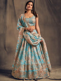 Myra Sky Blue Organza Silk Embroidered Lehenga | Grocsy