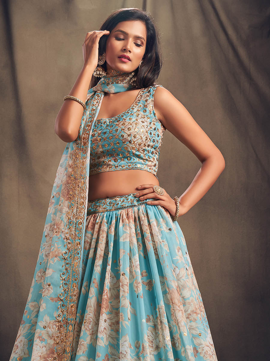 Myra Sky Blue Organza Silk Embroidered Lehenga | Grocsy