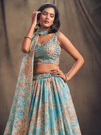Myra Sky Blue Organza Silk Embroidered Lehenga | Grocsy