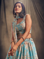 Myra Sky Blue Organza Silk Embroidered Lehenga | Grocsy