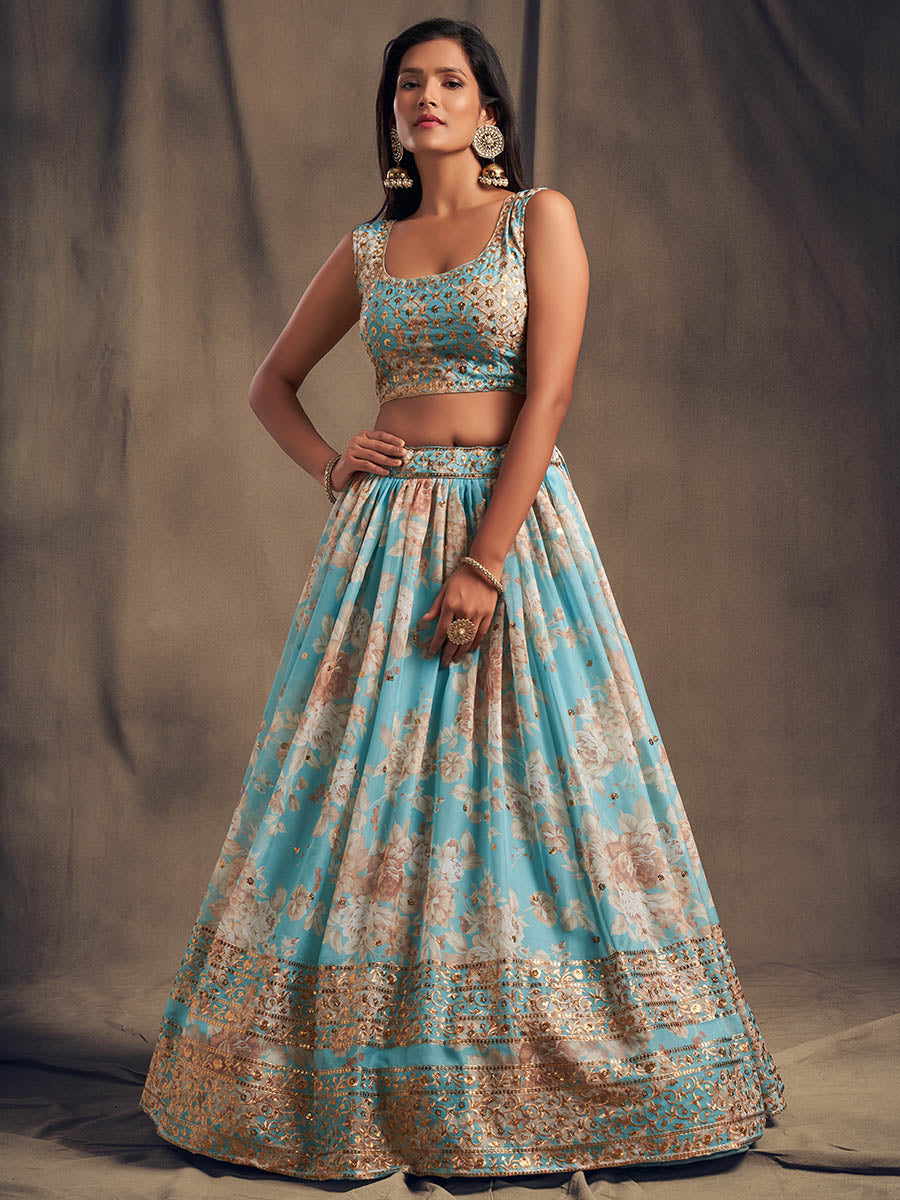 Myra Sky Blue Organza Silk Embroidered Lehenga | Grocsy