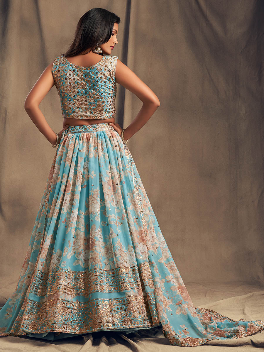 Myra Sky Blue Organza Silk Embroidered Lehenga | Grocsy