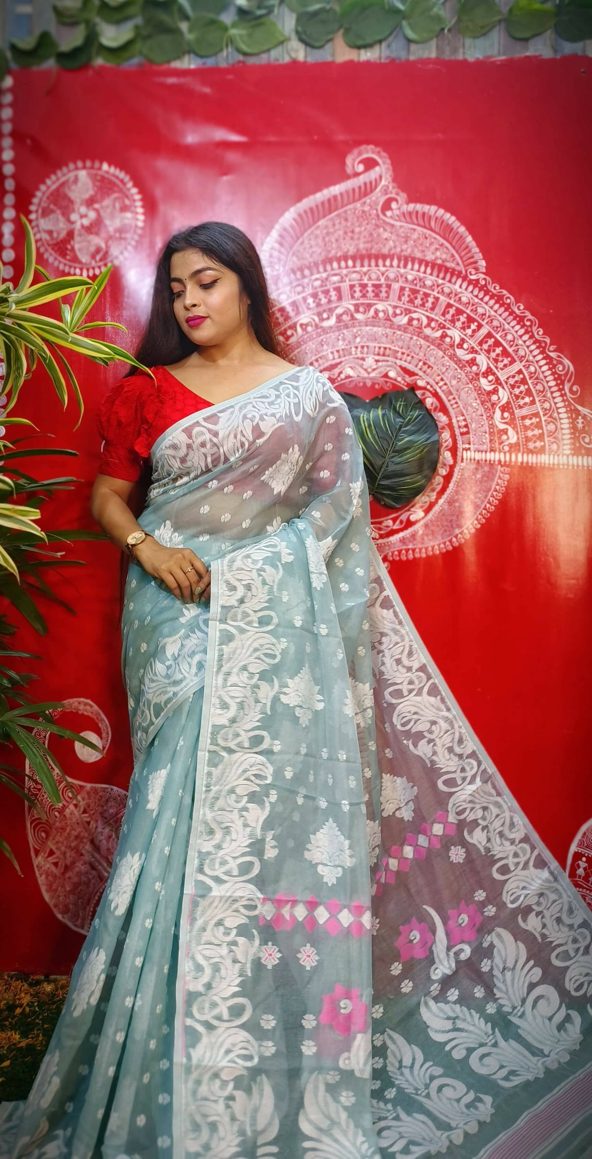 Exclusive Collection Handloom Dhakai Jamdani Saree - Sea green | Grocsy