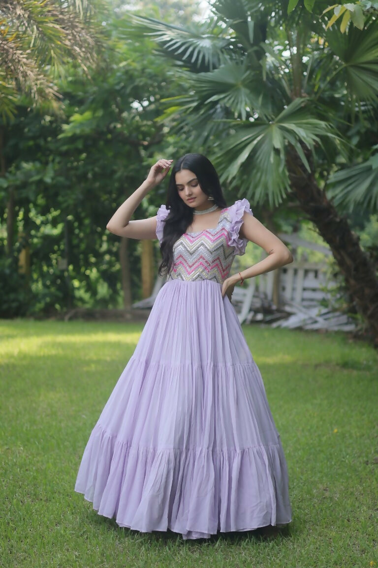 Jyoti Fashion Women's Purple Sequins Thread Embroidery Faux Georgette Anarkali Dress | Grocsy