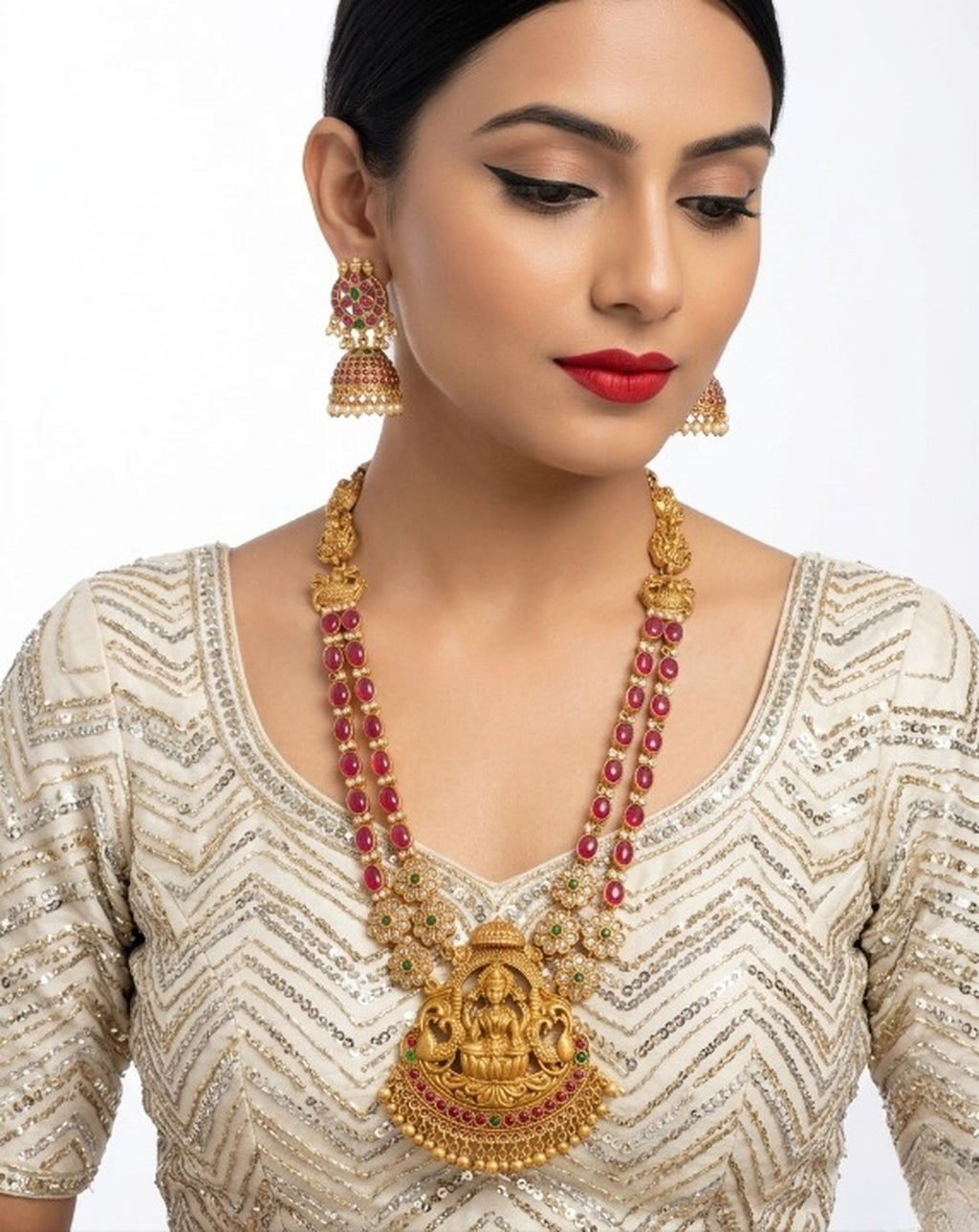 Jewel City Women's Traditional Lakshmi Temple Necklace Set With Earrings Gold-Plated Ethnic Jewelry Handcrafted For Weddings & Festivals | Grocsy