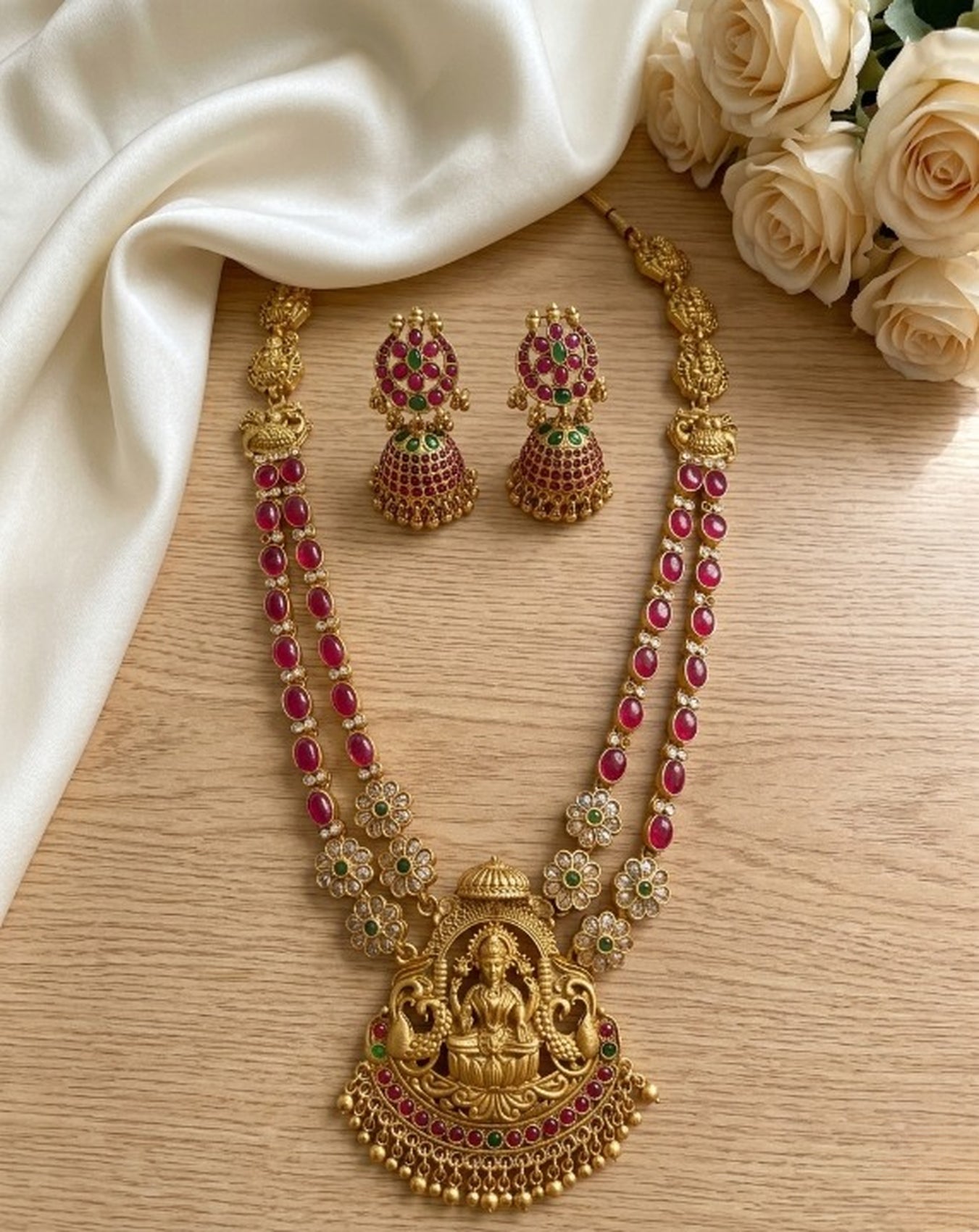 Jewel City Women's Traditional Lakshmi Temple Necklace Set With Earrings Gold-Plated Ethnic Jewelry Handcrafted For Weddings & Festivals | Grocsy