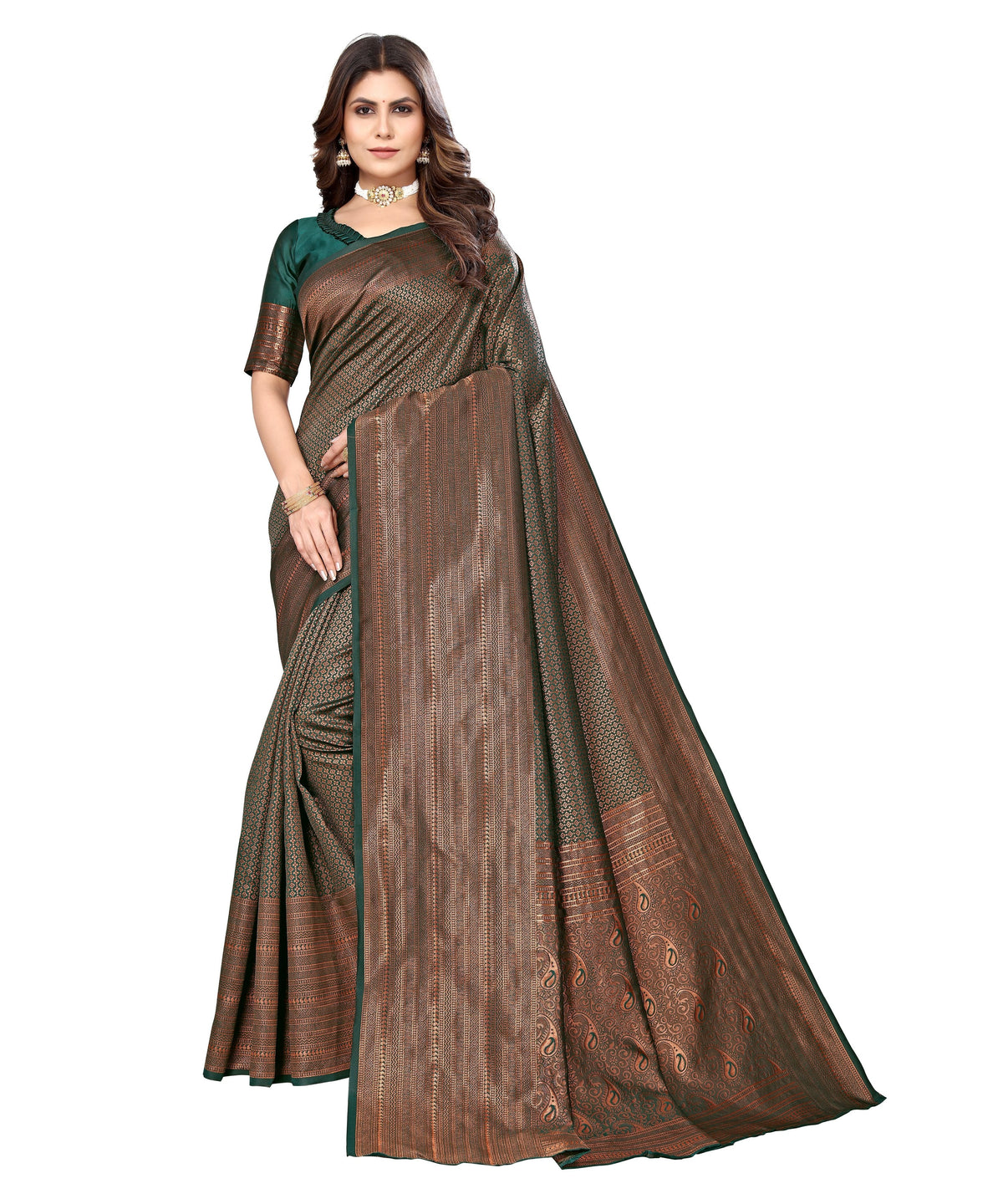 Vamika Weaving Banarasi Jacquard Green Kanjivaram Saree | Grocsy
