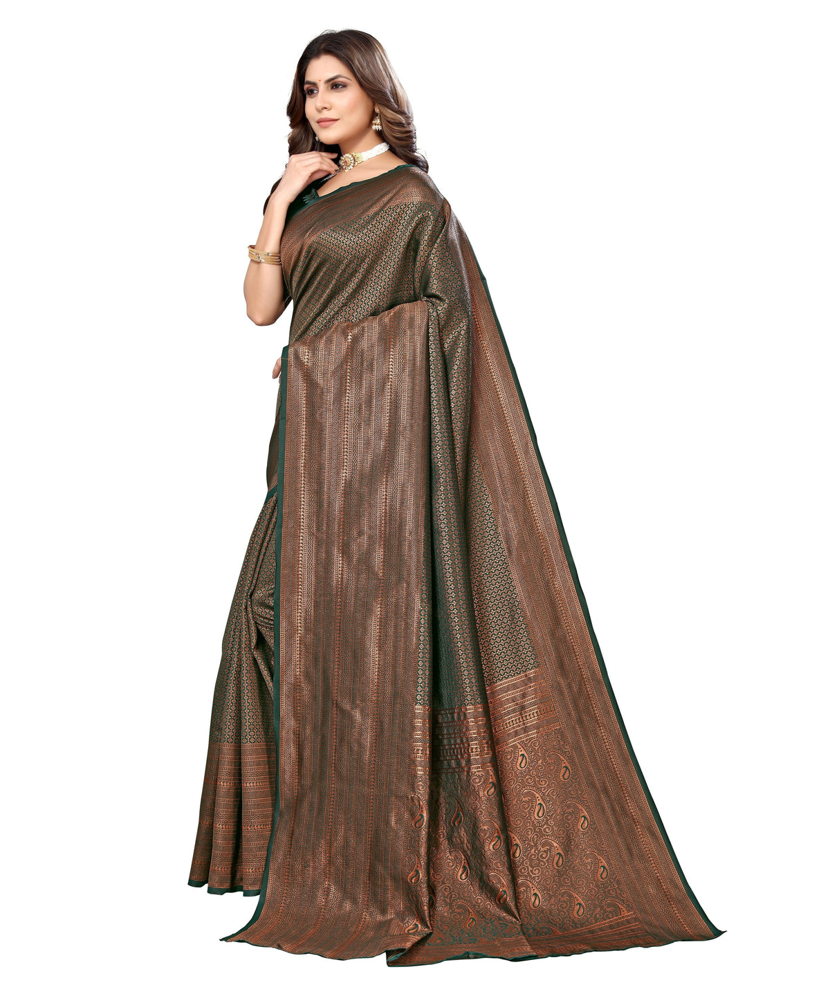 Vamika Weaving Banarasi Jacquard Green Kanjivaram Saree | Grocsy