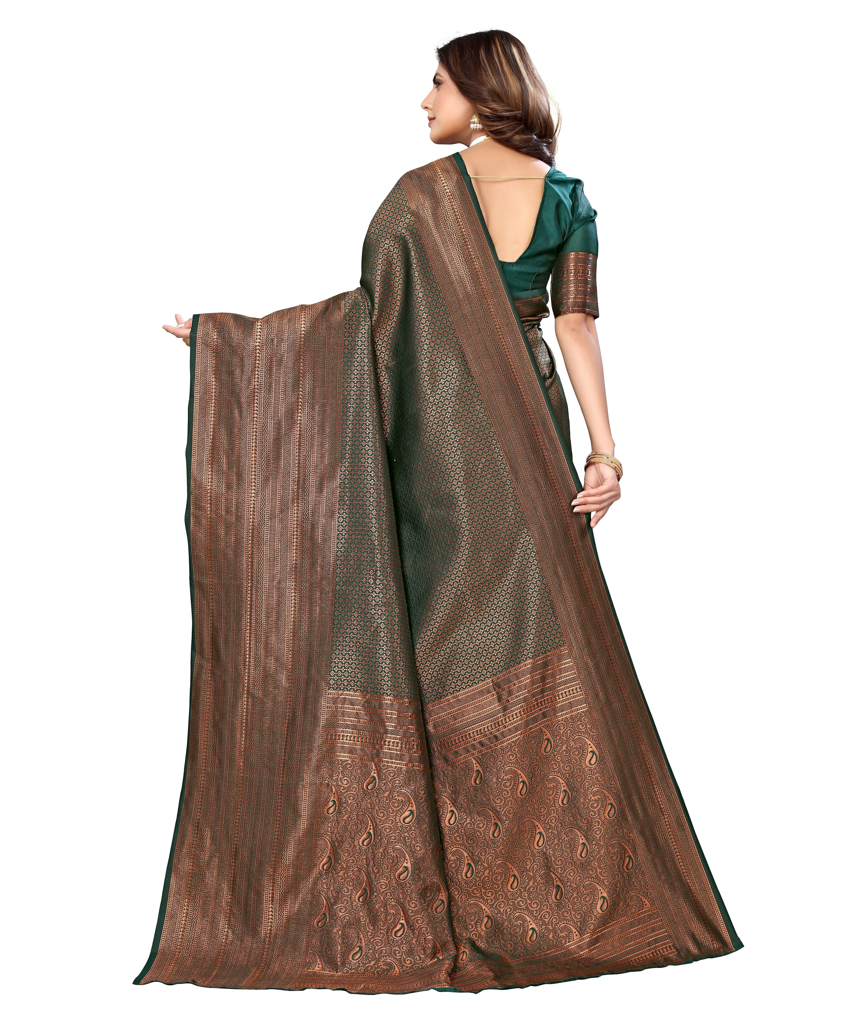Vamika Weaving Banarasi Jacquard Green Kanjivaram Saree | Grocsy