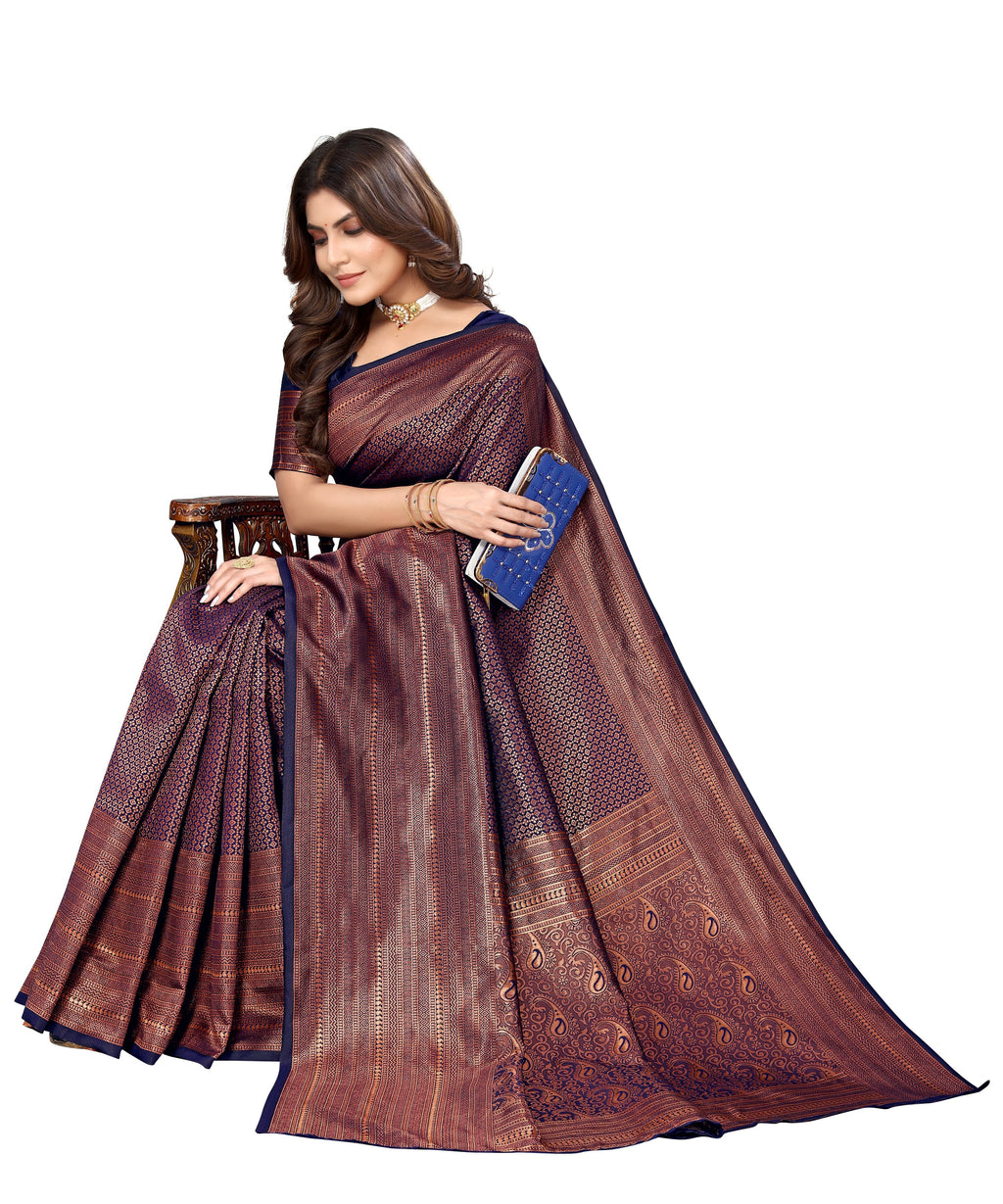 Vamika Weaving Banarasi Jacquard Navy Kanjivaram Saree | Grocsy
