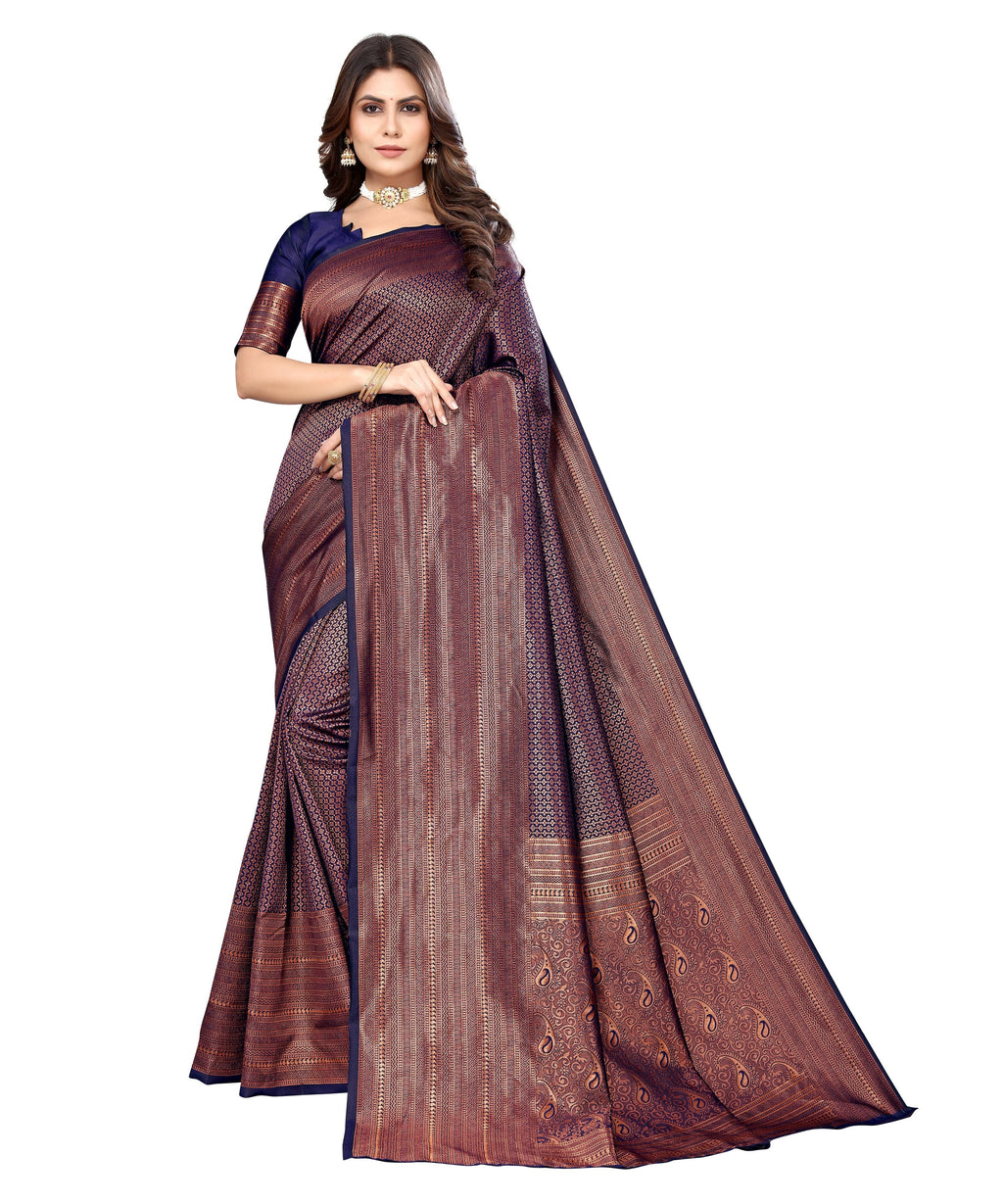 Vamika Weaving Banarasi Jacquard Navy Kanjivaram Saree | Grocsy