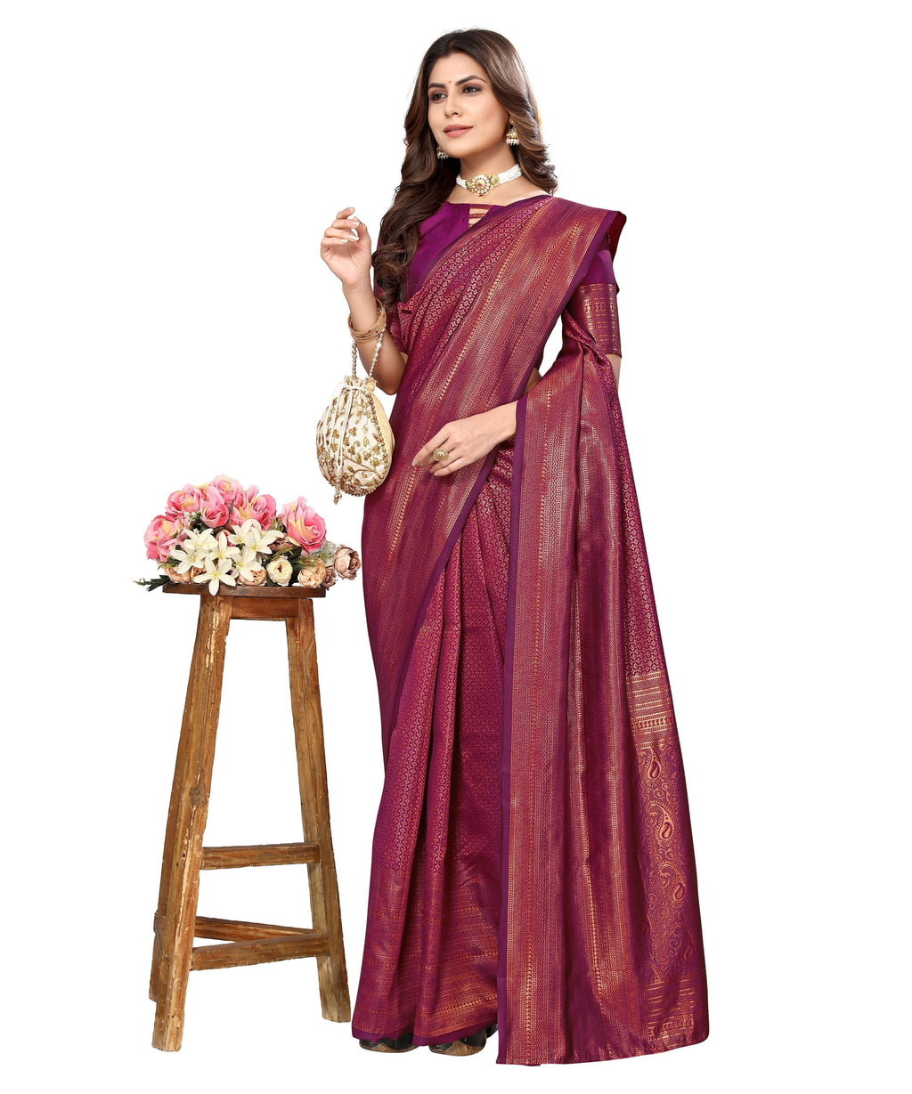 Vamika Weaving Banarasi Jacquard Purple Kanjivaram Saree | Grocsy