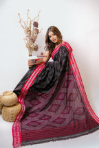 khanduapata Black & Red Star Design Cotton Saree For Women | Grocsy