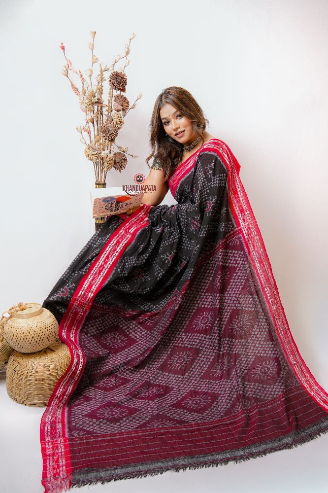 khanduapata Black & Red Star Design Cotton Saree For Women | Grocsy