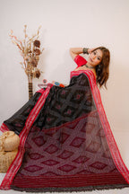 khanduapata Black & Red Star Design Cotton Saree For Women | Grocsy