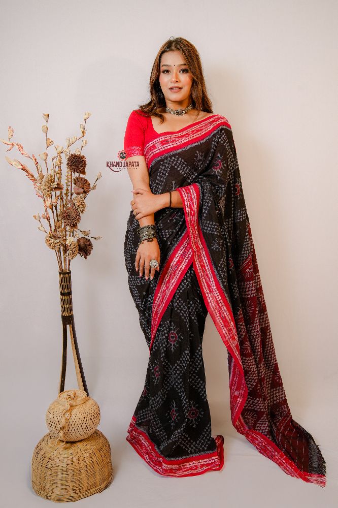 khanduapata Black & Red Star Design Cotton Saree For Women | Grocsy