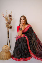 khanduapata Black & Red Star Design Cotton Saree For Women | Grocsy