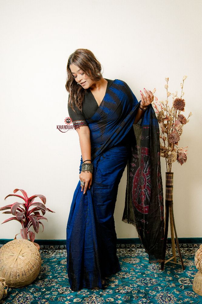 khanduapata Indigo Blue Plain Cotton Saree For Women | Grocsy