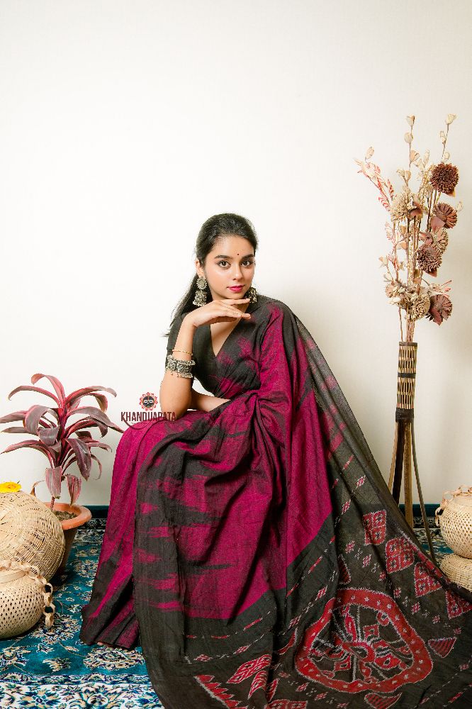 khanduapata Deep Red Plain Cotton Saree For Women | Grocsy