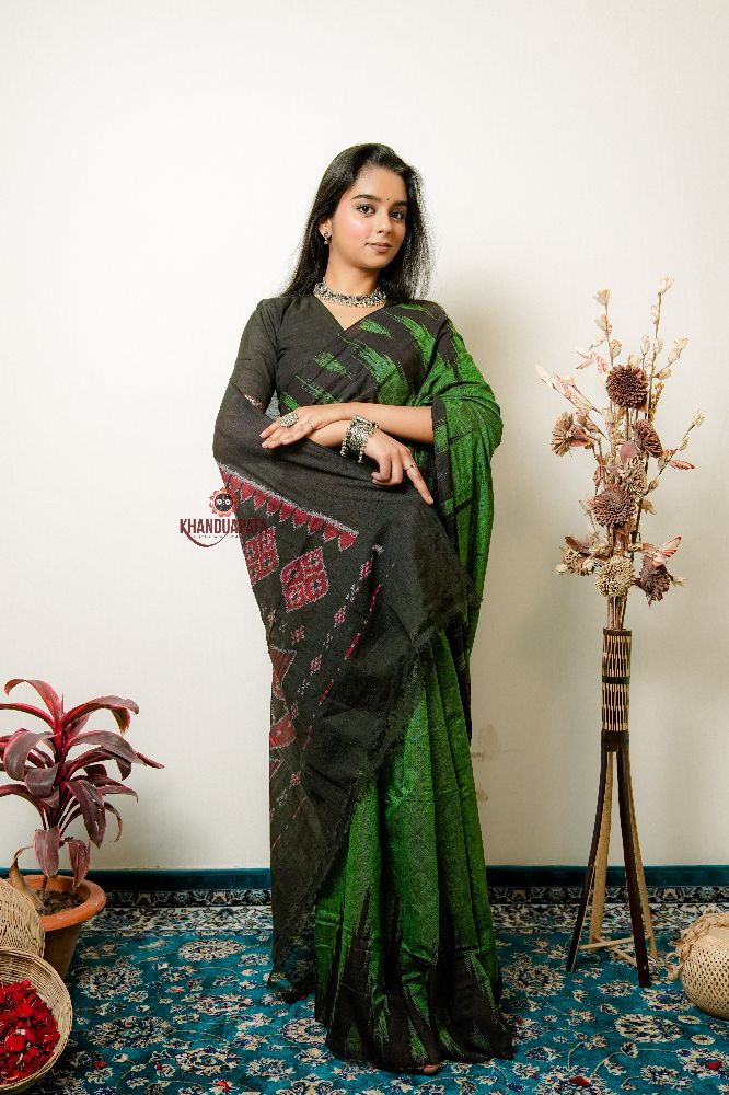 khanduapata Meadow Green Plain Cotton Saree For Women | Grocsy