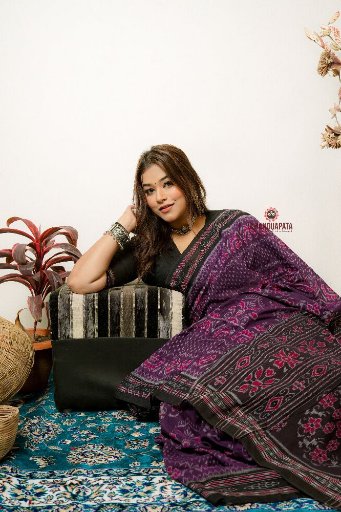 khanduapata Black & Purple Special Design Cotton Saree For Women | Grocsy