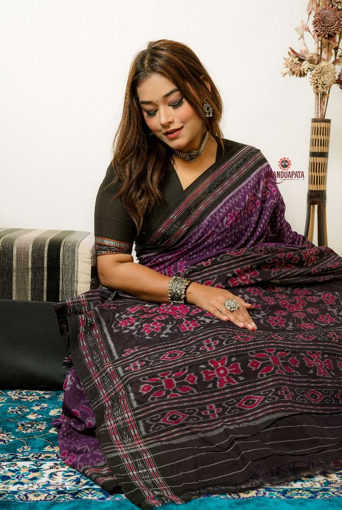 khanduapata Black & Purple Special Design Cotton Saree For Women | Grocsy