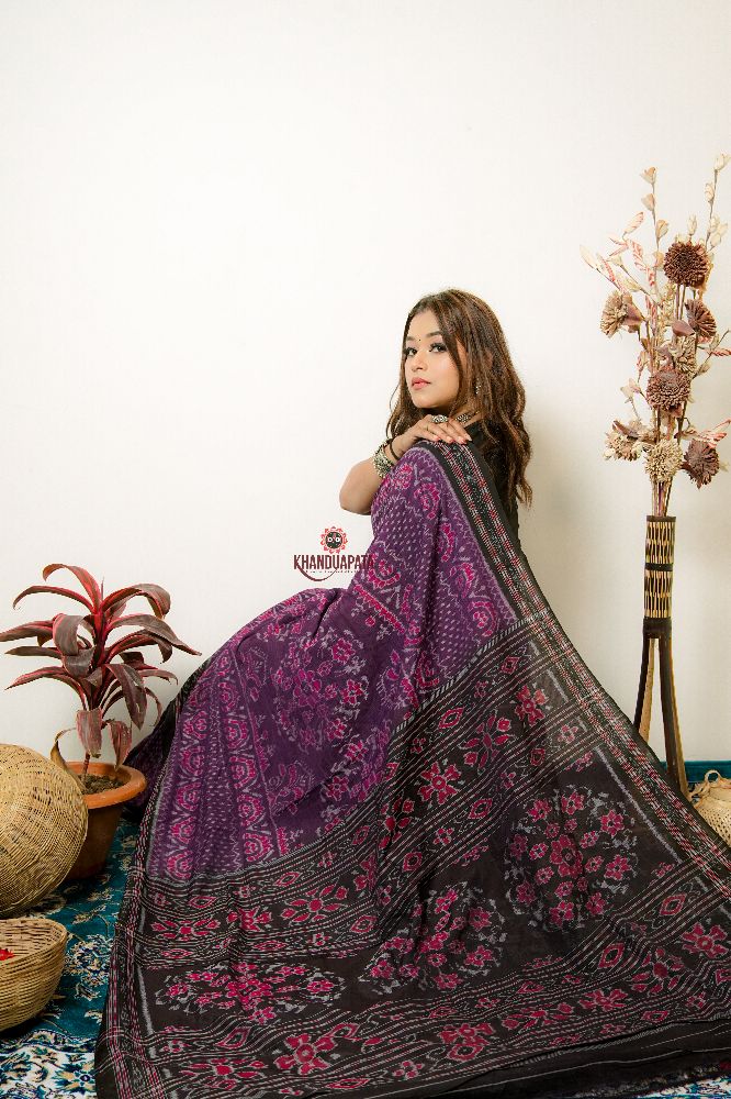 khanduapata Black & Purple Special Design Cotton Saree For Women | Grocsy