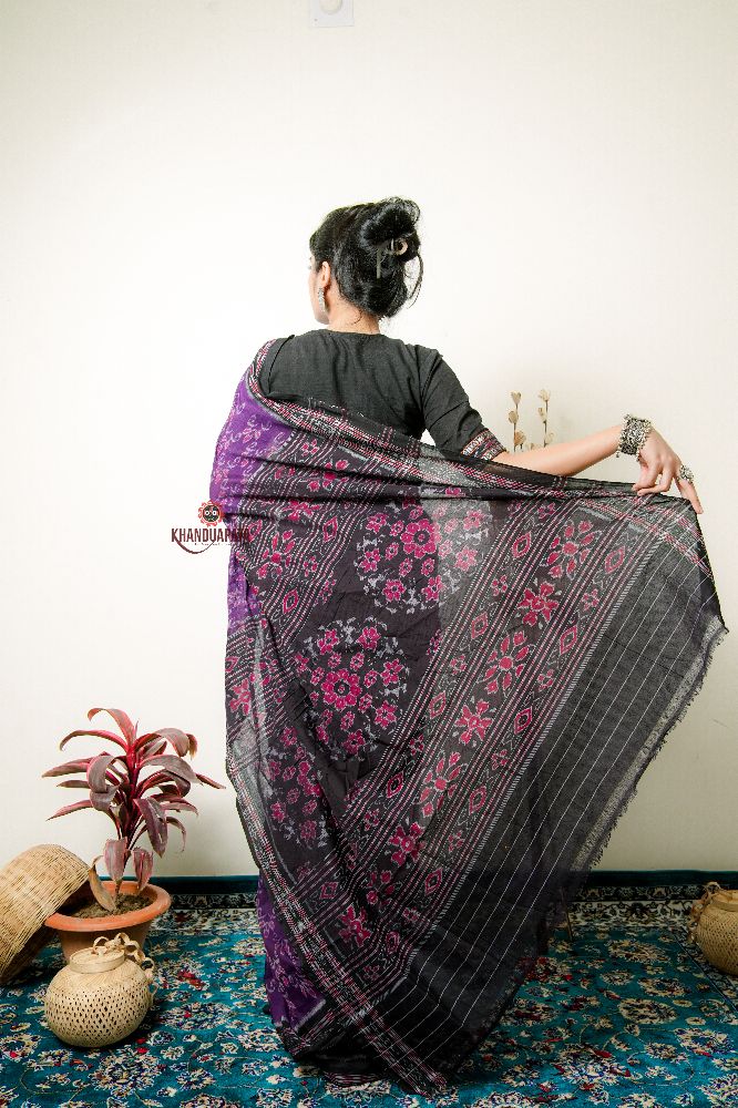 khanduapata Purple Flower Design Cotton Saree For Women | Grocsy