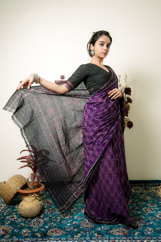 khanduapata Purple Flower Design Cotton Saree For Women | Grocsy