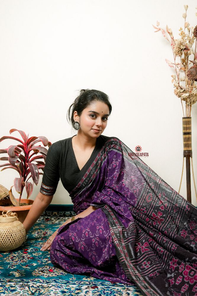 khanduapata Purple Flower Design Cotton Saree For Women | Grocsy