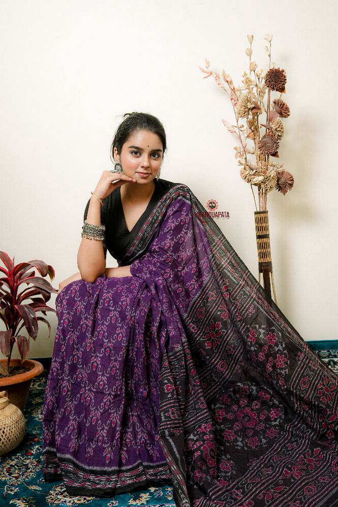 khanduapata Purple Flower Design Cotton Saree For Women | Grocsy