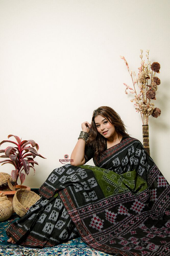 khanduapata Black And Grey Box Design Cotton Saree For Women | Grocsy