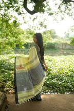 khanduapata Grey and Light Yellow Plain Cotton Saree For Women | Grocsy