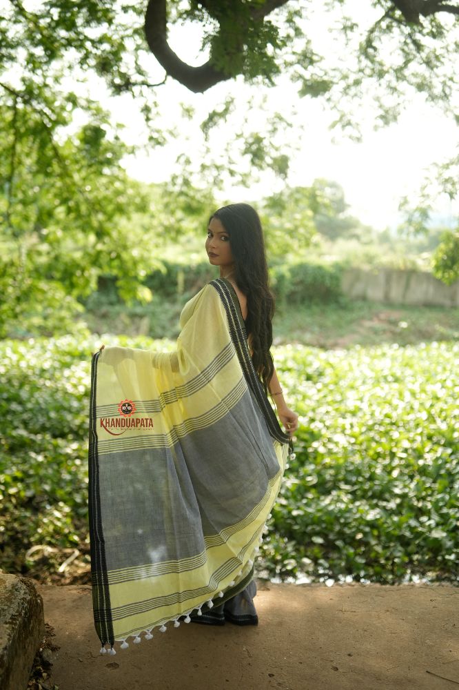 khanduapata Grey and Light Yellow Plain Cotton Saree For Women | Grocsy