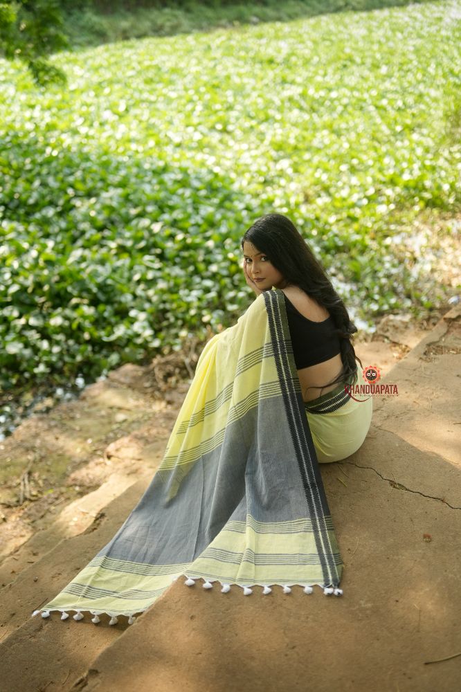 khanduapata Grey and Light Yellow Plain Cotton Saree For Women | Grocsy