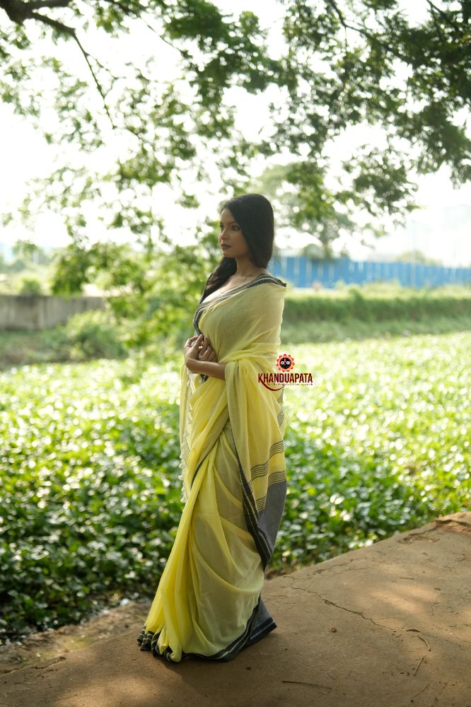 khanduapata Grey and Light Yellow Plain Cotton Saree For Women | Grocsy