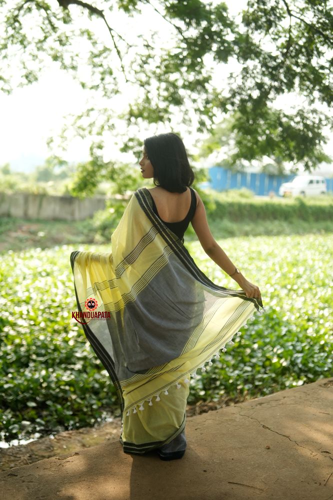 khanduapata Grey and Light Yellow Plain Cotton Saree For Women | Grocsy