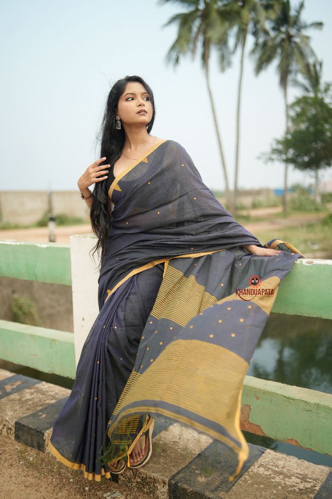 khanduapata Grey and Mustard Yellow Dot Pattern Cotton Saree For Women | Grocsy
