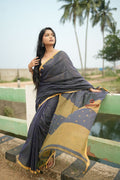 khanduapata Grey and Mustard Yellow Dot Pattern Cotton Saree For Women | Grocsy