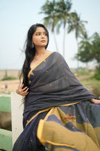 khanduapata Grey and Mustard Yellow Dot Pattern Cotton Saree For Women | Grocsy