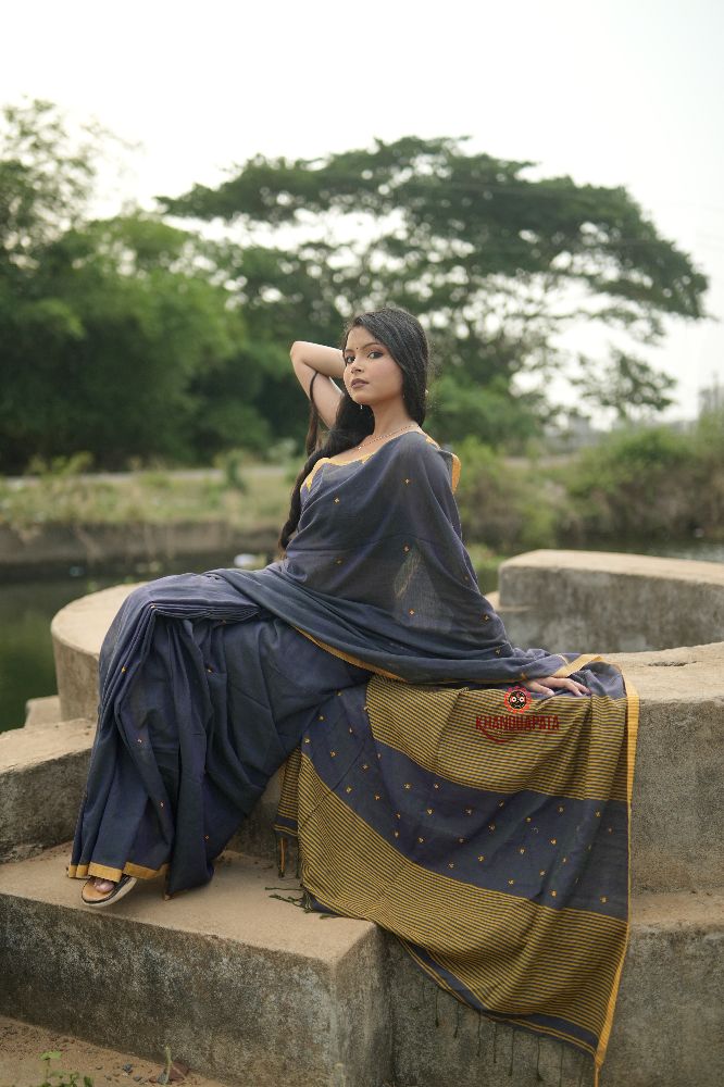 khanduapata Grey and Mustard Yellow Dot Pattern Cotton Saree For Women | Grocsy