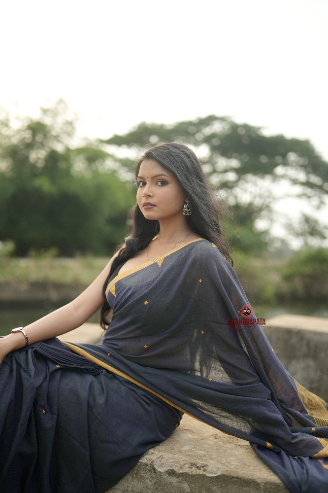 khanduapata Grey and Mustard Yellow Dot Pattern Cotton Saree For Women | Grocsy
