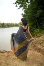 khanduapata Grey and Mustard Yellow Dot Pattern Cotton Saree For Women | Grocsy