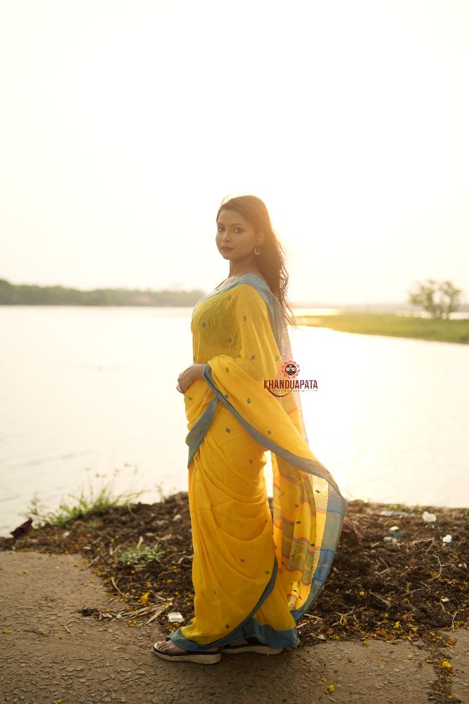 khanduapata Yellow and Soft Blue Colourful Dot Pattern Cotton Saree For Women | Grocsy