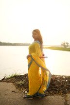 khanduapata Yellow and Soft Blue Colourful Dot Pattern Cotton Saree For Women | Grocsy