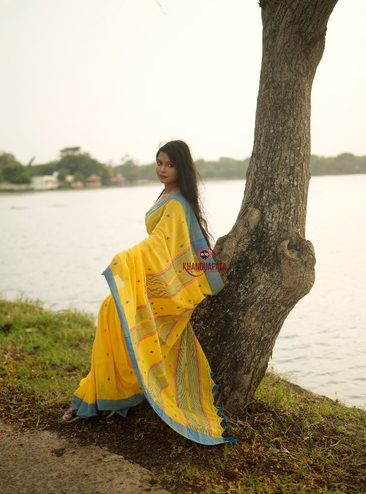 khanduapata Yellow and Soft Blue Colourful Dot Pattern Cotton Saree For Women | Grocsy