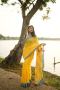 khanduapata Yellow and Soft Blue Colourful Dot Pattern Cotton Saree For Women | Grocsy