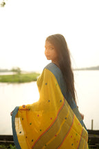 khanduapata Yellow and Soft Blue Colourful Dot Pattern Cotton Saree For Women | Grocsy